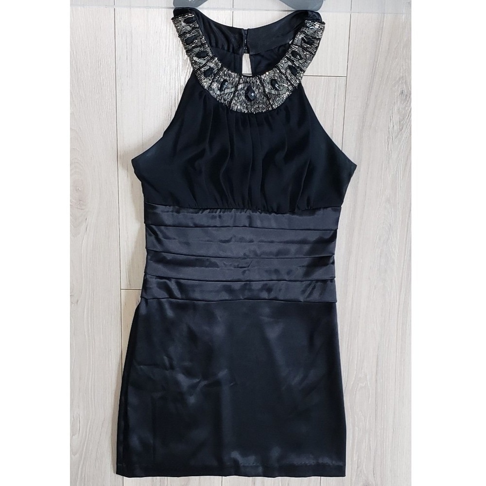 B Darlin Cocktail Dress Womens 7/8 Black Beaded Halter Neck Satin‎ Ruched Mini